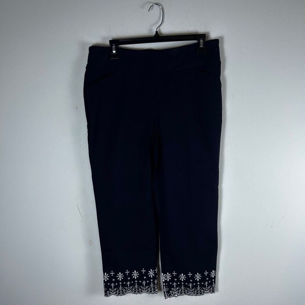 Roz & Ali Women's Navy Blue Crop Pants Size 10 Embroidered Eyelet Hem Stretch